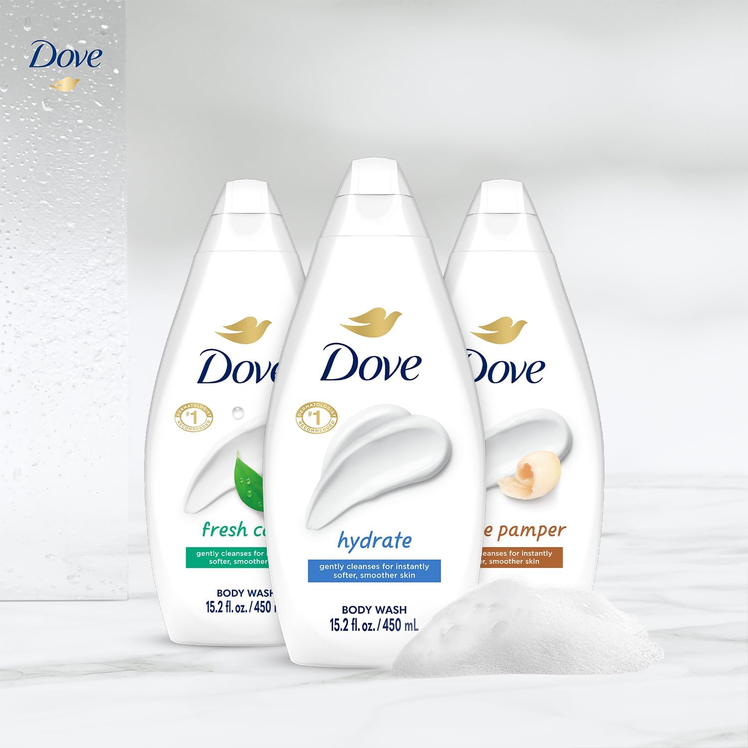 Dove Cuidado Fresco, botella lateral, limpieza suave que deja la piel cómoda.