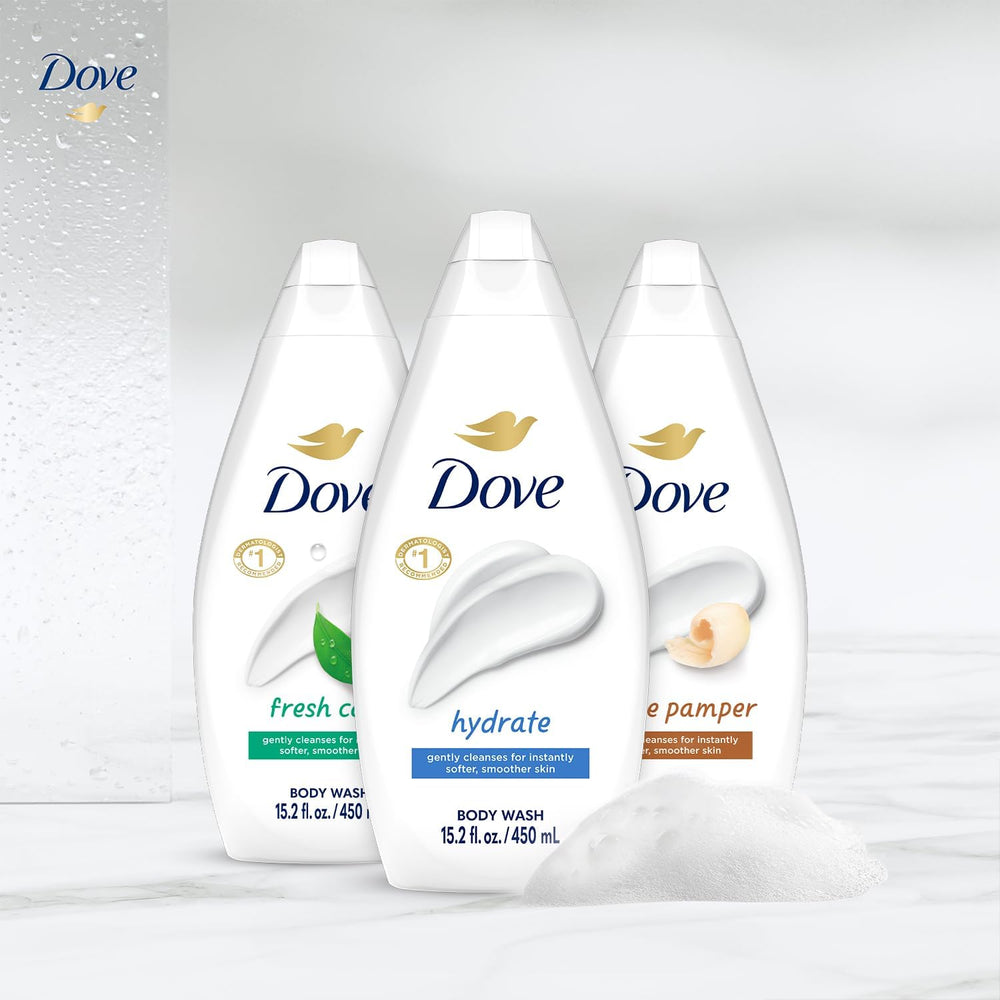 Dove Cuidado Fresco, botella lateral, limpieza suave que deja la piel cómoda.