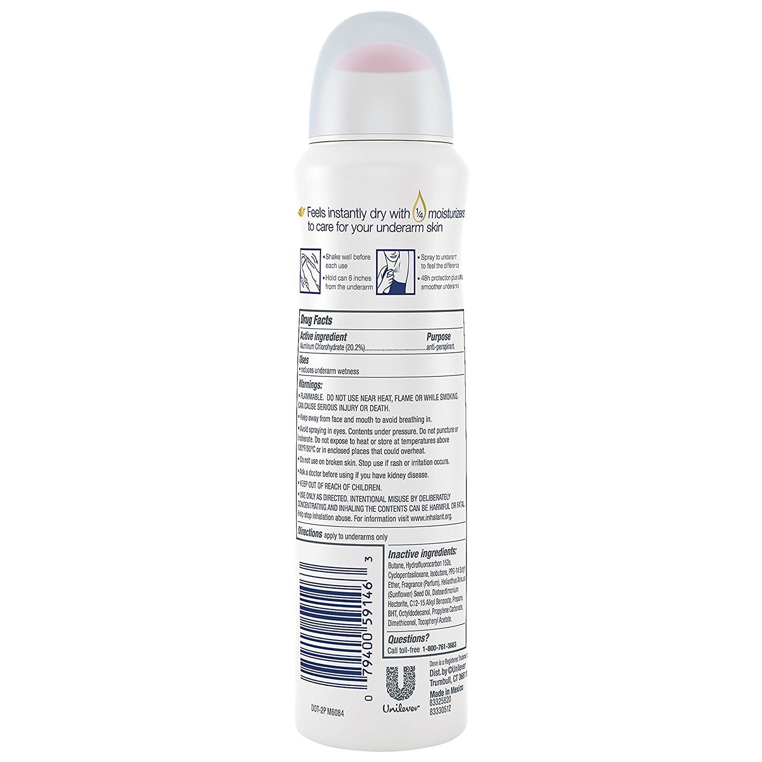 Dove desodorante aerosol seco, lata de 107 g para uso diario.