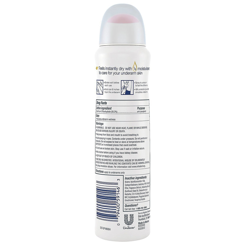Dove desodorante aerosol seco, lata de 107 g para uso diario.
