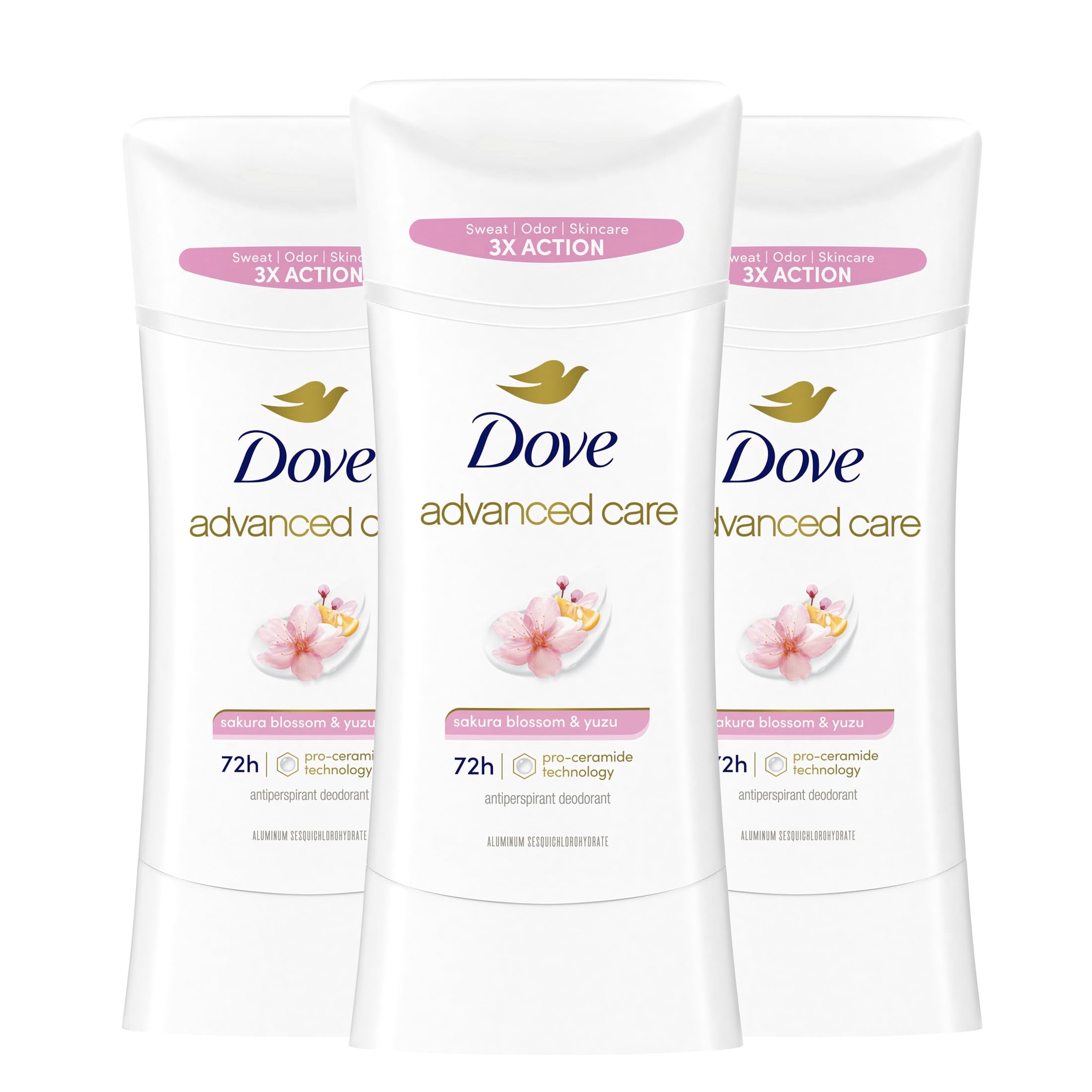 Desodorante Dove Cuidado Avanzado Sakura Flor de Cerezo y Yuzu en embalaje listo para usar.