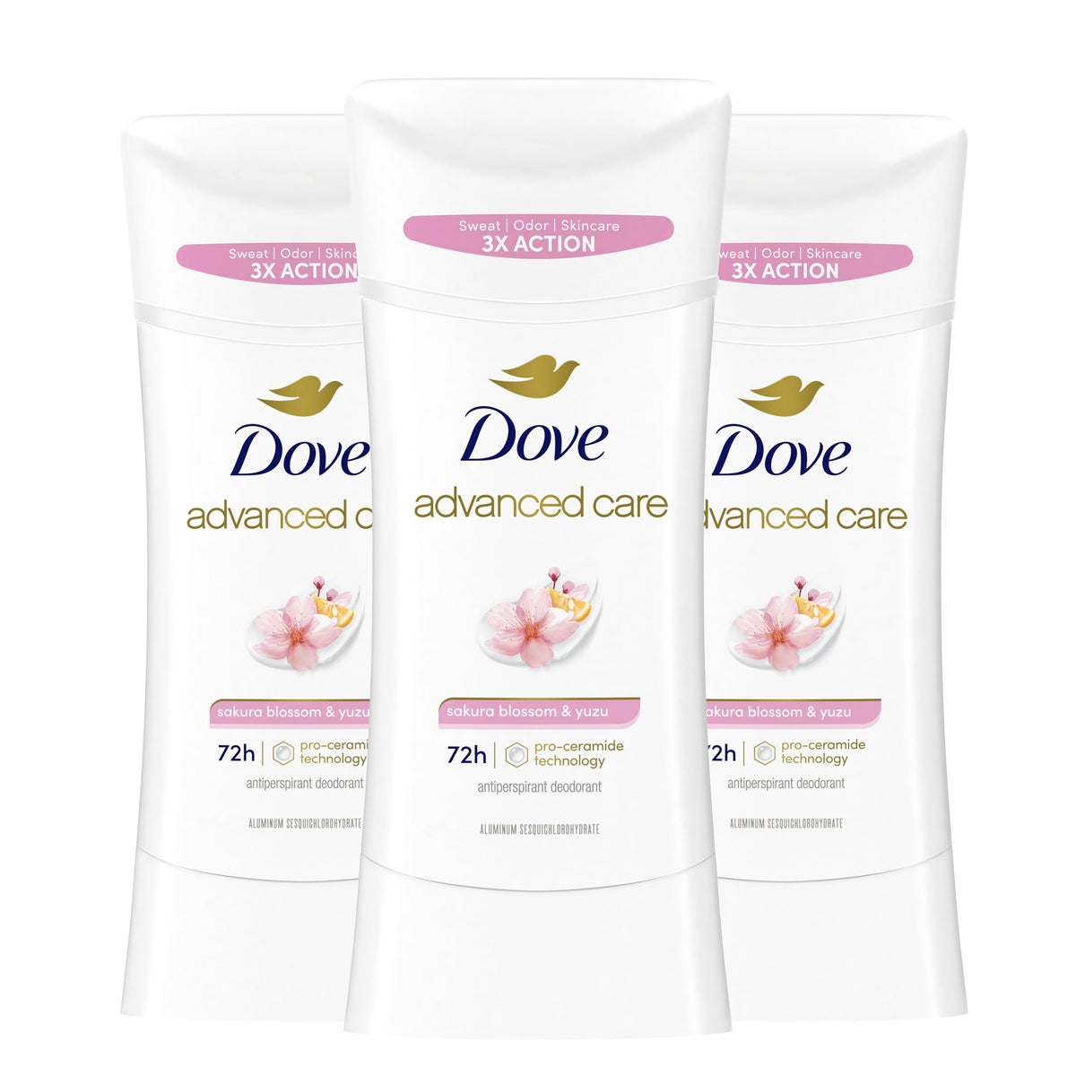 Desodorante Dove Cuidado Avanzado Sakura Flor de Cerezo y Yuzu en embalaje listo para usar.