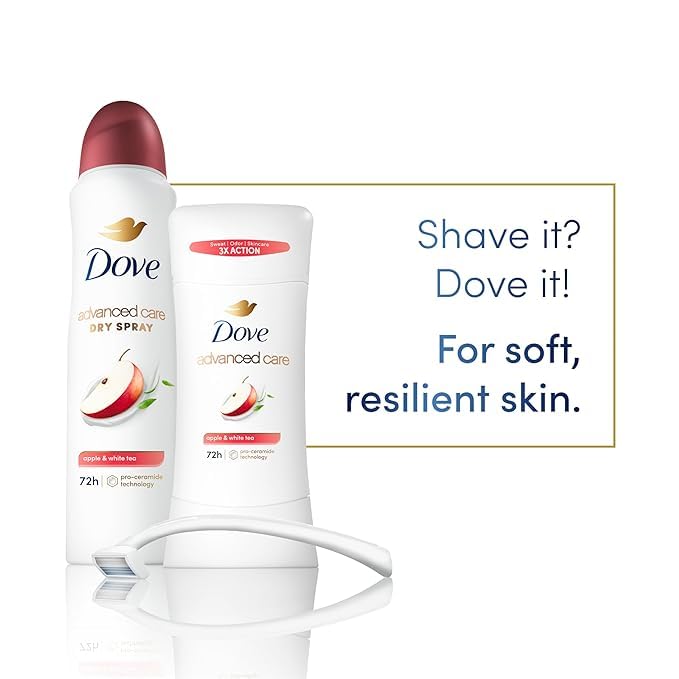 Dove desodorante en barra, fragancia manzana y té blanco, aroma refrescante diario.