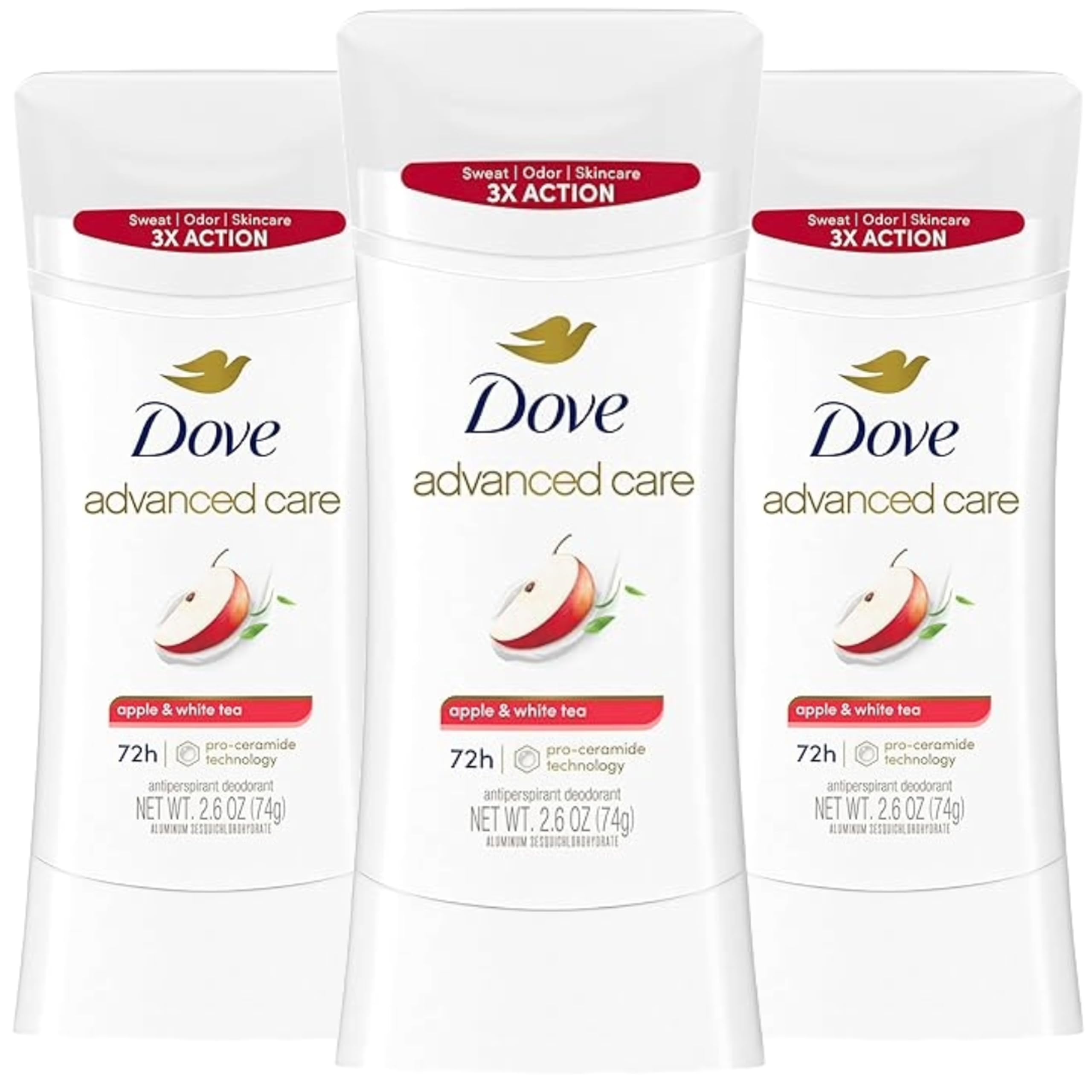 Dove Cuidado Avanzado desodorante en barra, manzana y té blanco, protección duradera.