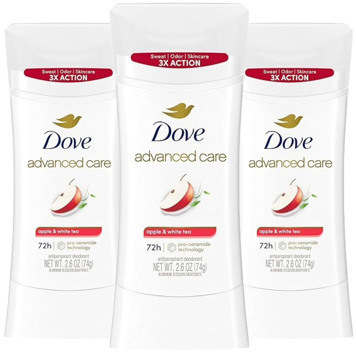 Dove Cuidado Avanzado desodorante en barra, manzana y té blanco, protección duradera.