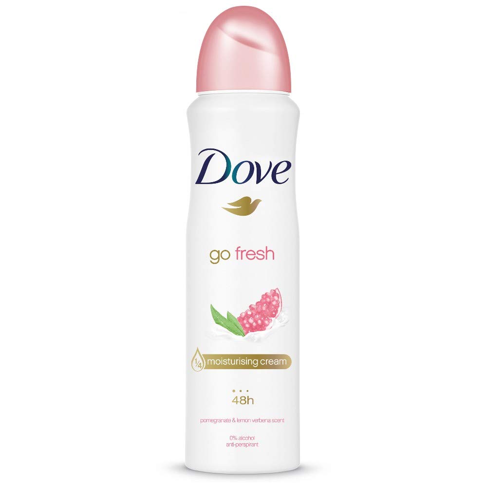 Dove Desodorante Cuerpo Pomegranate, botella visible para uso diario.