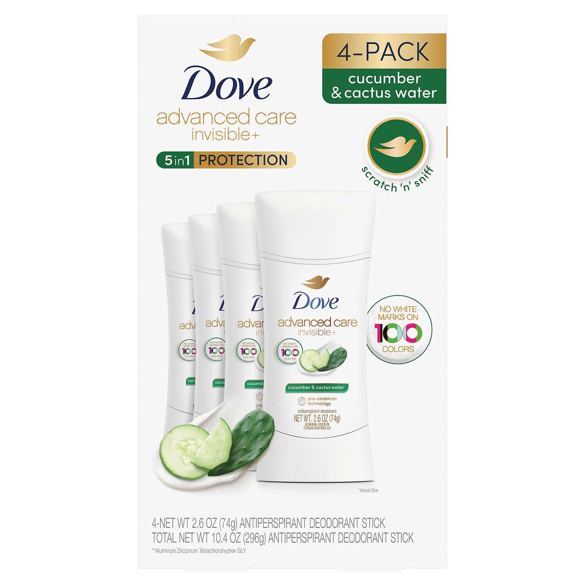 Dove Desodorante Invisible+ Cuidado Avanzado, empaque compacto, perfecto para viaje y bolso.