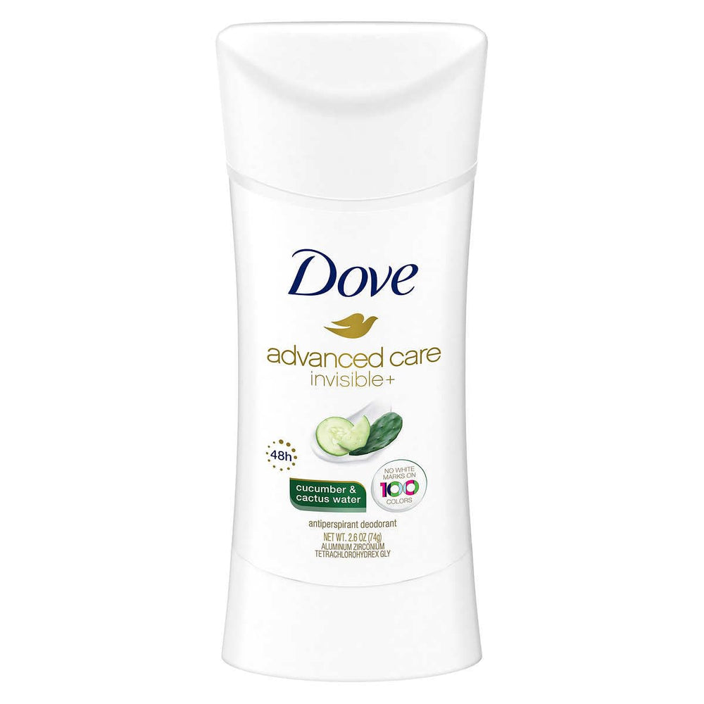 Dove Desodorante Invisible+ Cuidado Avanzado, envase iluminado, cuidado de la piel suave.