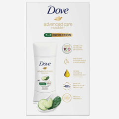 Dove Desodorante Invisible+ Cuidado Avanzado, etiqueta visible, aroma fresco ideal para uso diario.