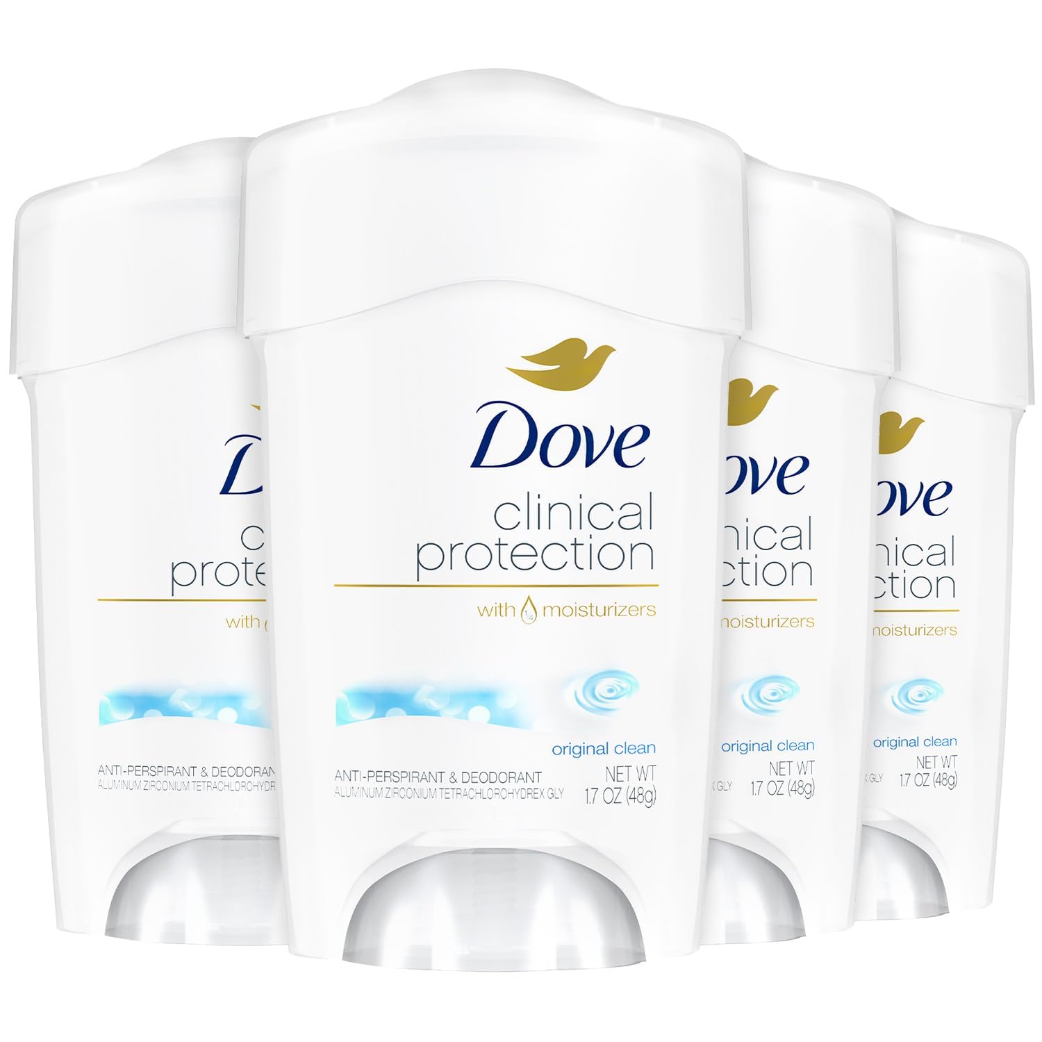 Dove Desodorante para mujer Original Clean 4-pack en caja, protección diaria confiable.
