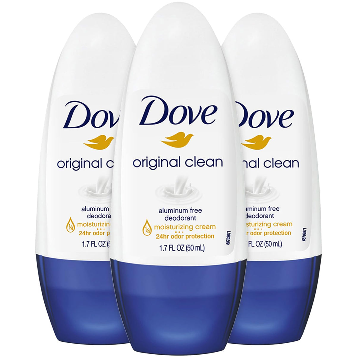 Dove Desodorante Original Claro Roll-On 3 Pack, protección 24H y hidratación suave para la piel.