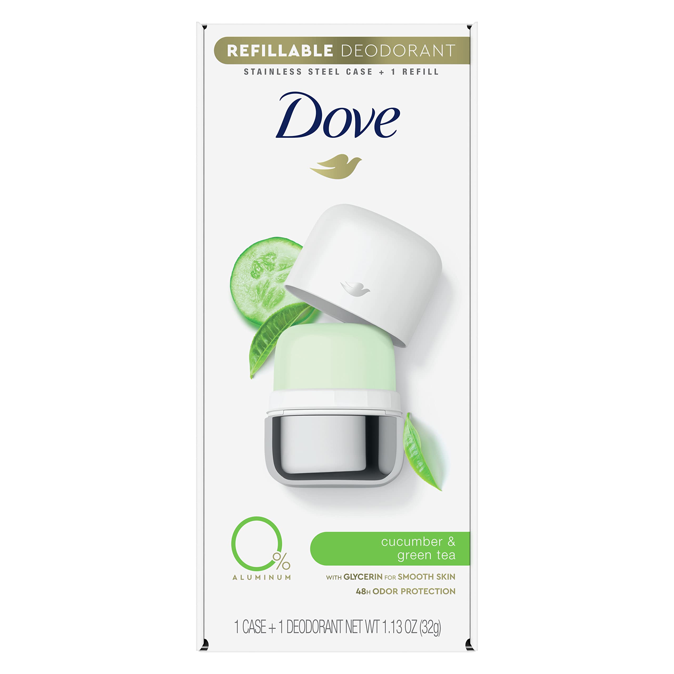 Dove desodorante recargable kit con caso de acero inoxidable para uso sostenible.