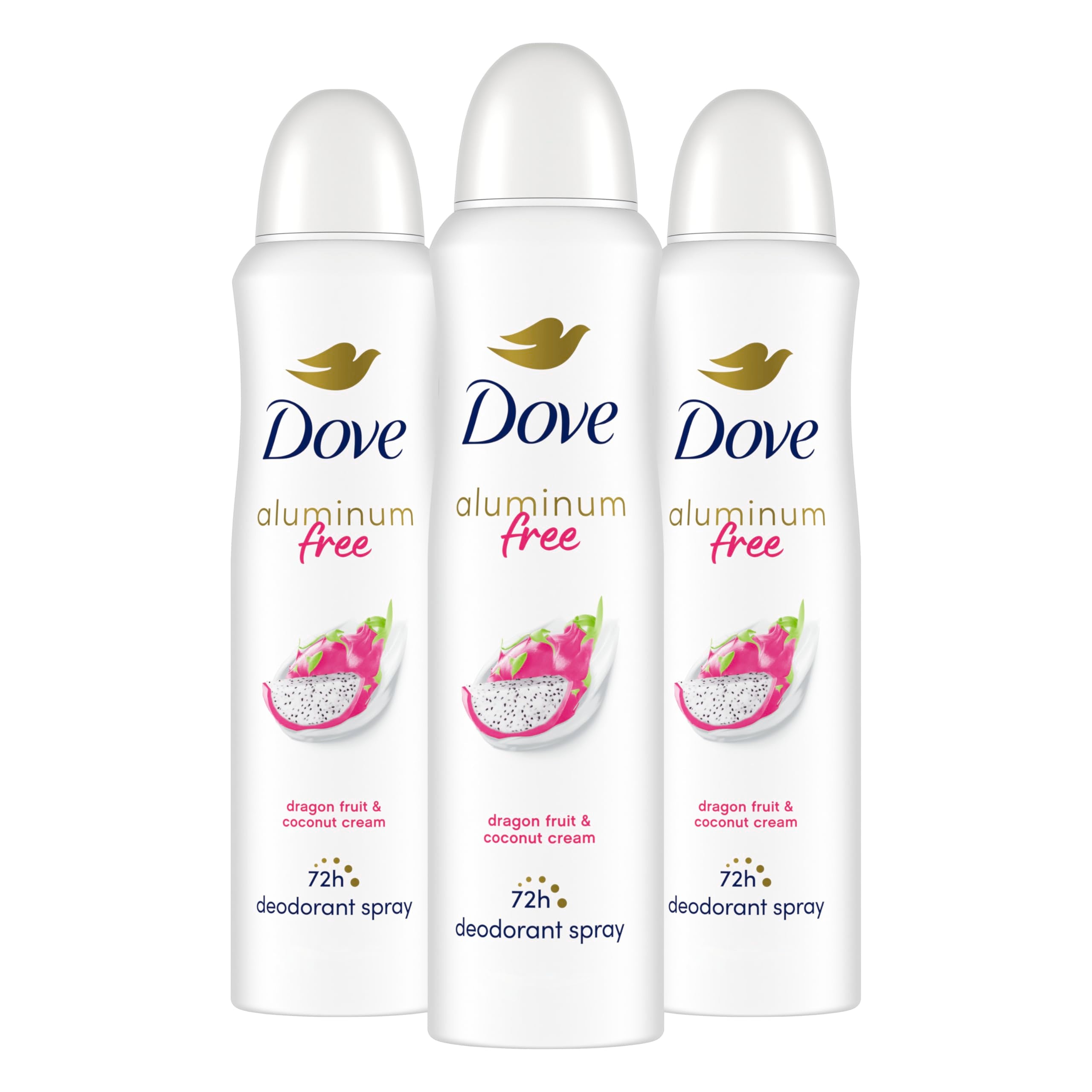 Dove desodorante sin aluminio en aerosol con aroma fruta dragón y crema de coco, frescura prolongada.