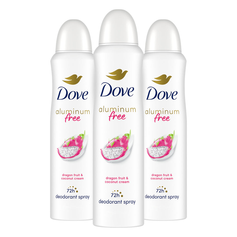 Dove desodorante sin aluminio en aerosol con aroma fruta dragón y crema de coco, frescura prolongada.