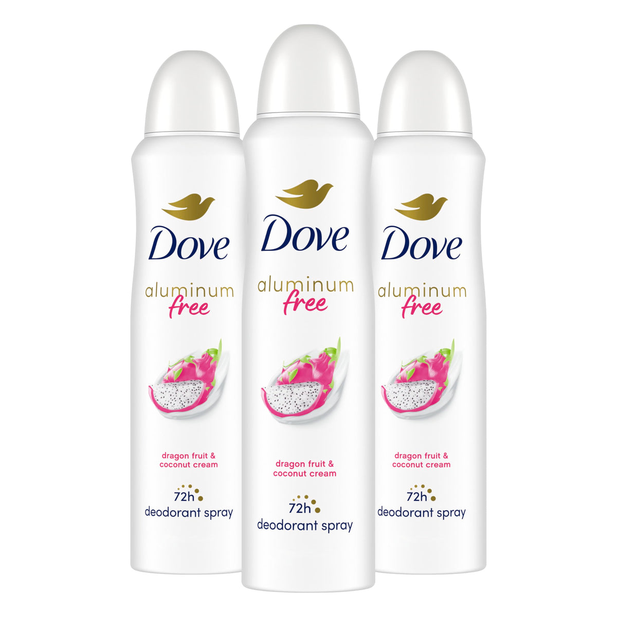 Dove desodorante sin aluminio en aerosol con aroma fruta dragón y crema de coco, frescura prolongada.