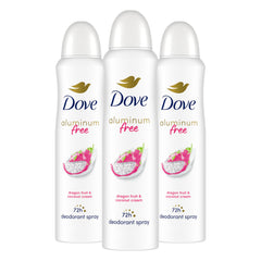 Dove desodorante sin aluminio en aerosol con aroma fruta dragón y crema de coco, frescura prolongada.