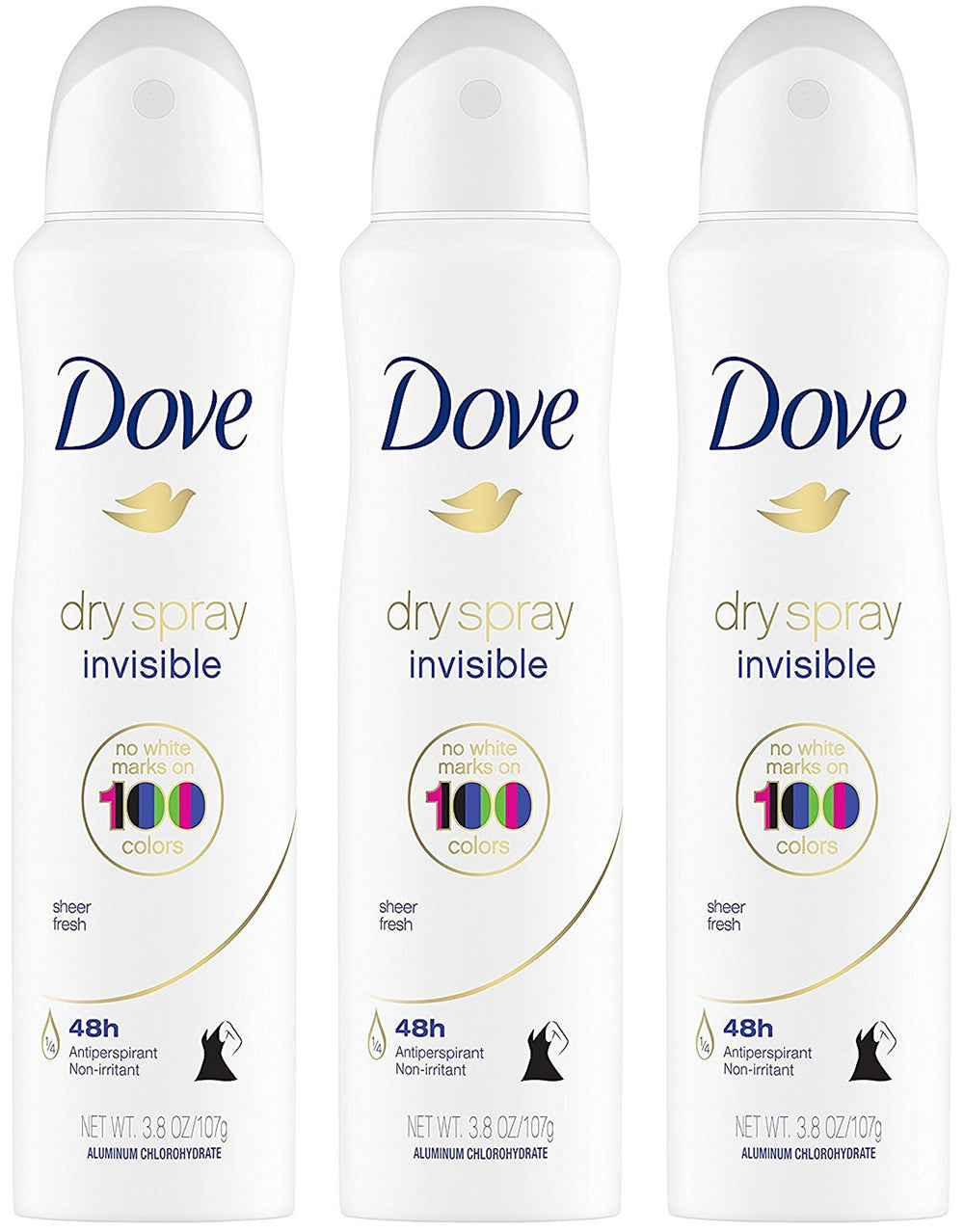 Dove desodorante en spray seco invisible, lata para frescura duradera sin manchas.