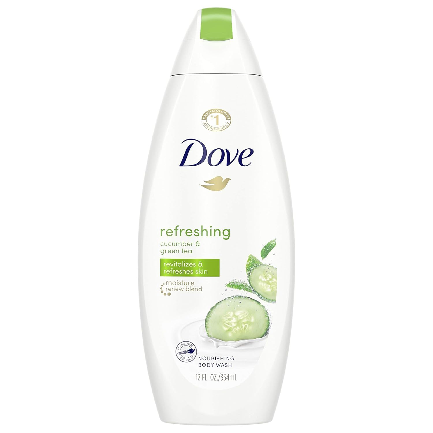 Dove Ducha corporal refrescante Pepino y Té Verde, botella visible, piel hidratada.
