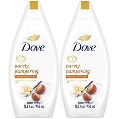 Dove Ducha doble paquete con manteca de karité y vainilla para hidratación suave.