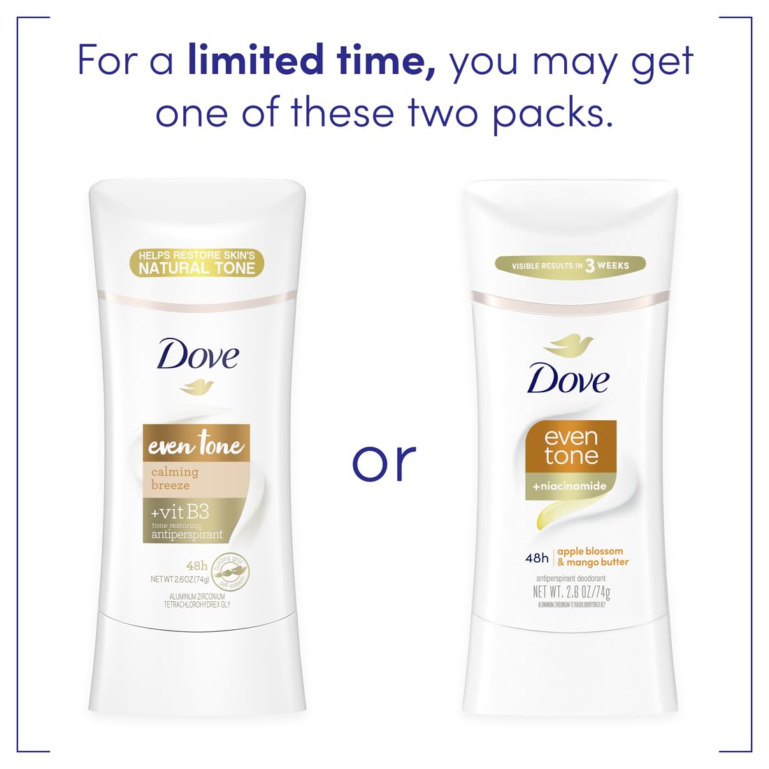 Dove Equilibrio de Tono empaque con fragancia floral.