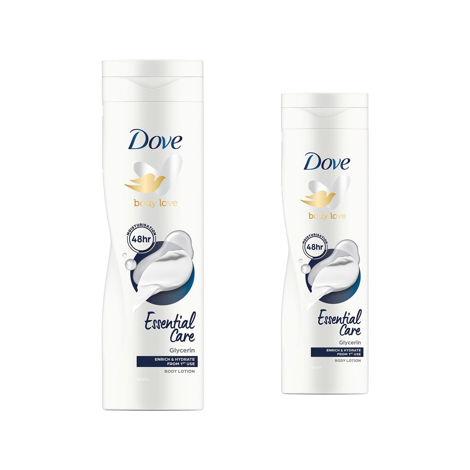 Dove Esencial Nutrición crema corporal, botella doble, cuidado diario para piel seca.