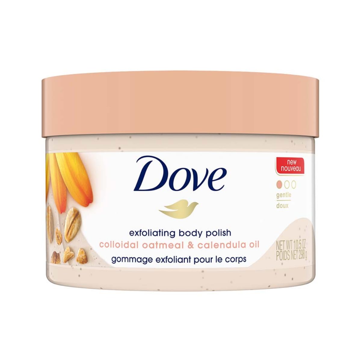 Dove Exfoliante Corporal avena caléndula en botella, exfolia suave y nutre la piel.