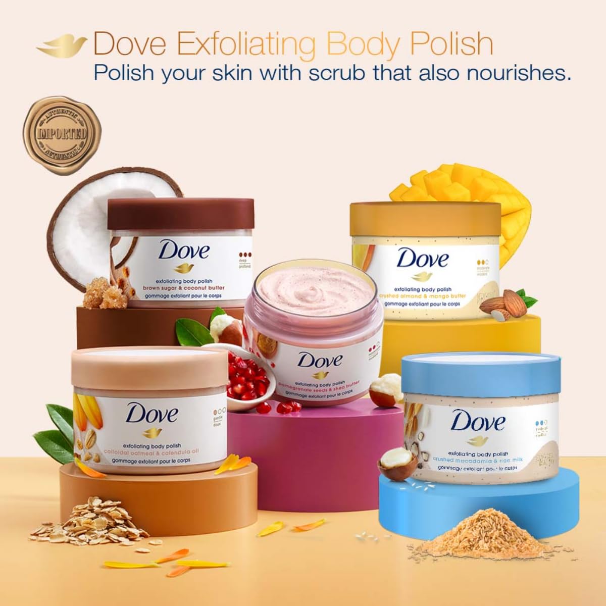 Dove Exfoliante Corporal combinación ideal con jabón Dove para piel suave.