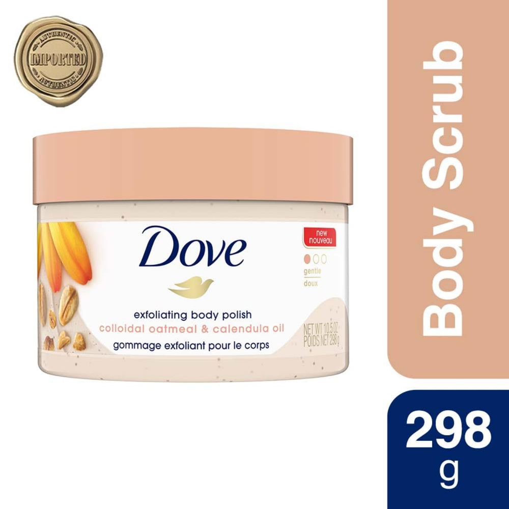 Dove Exfoliante Corporal gránulos pequeños, deja piel sedosa tras el baño.