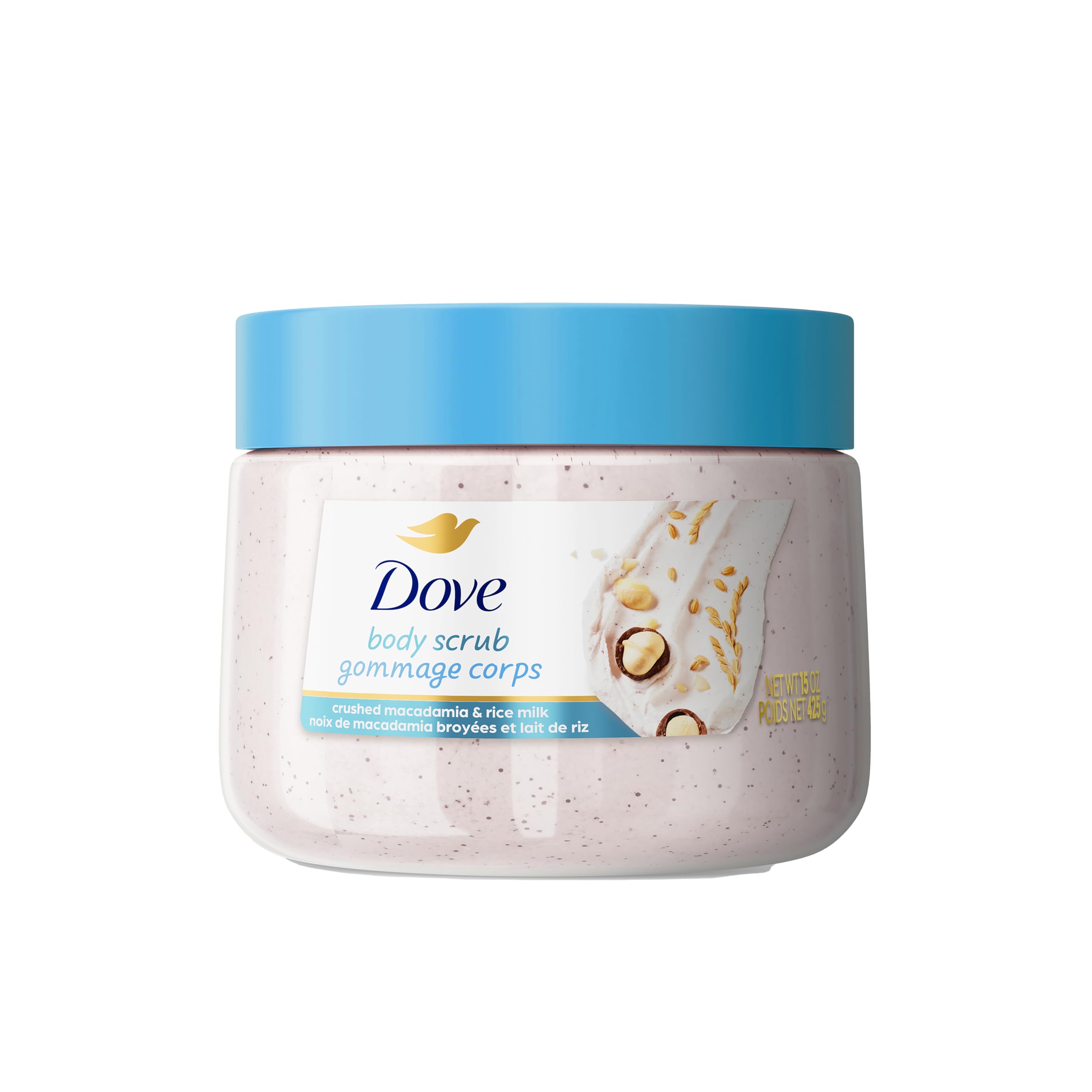 Dove Exfoliante Corporal Macadamia Leche de Arroz, botella elegante que suaviza la piel