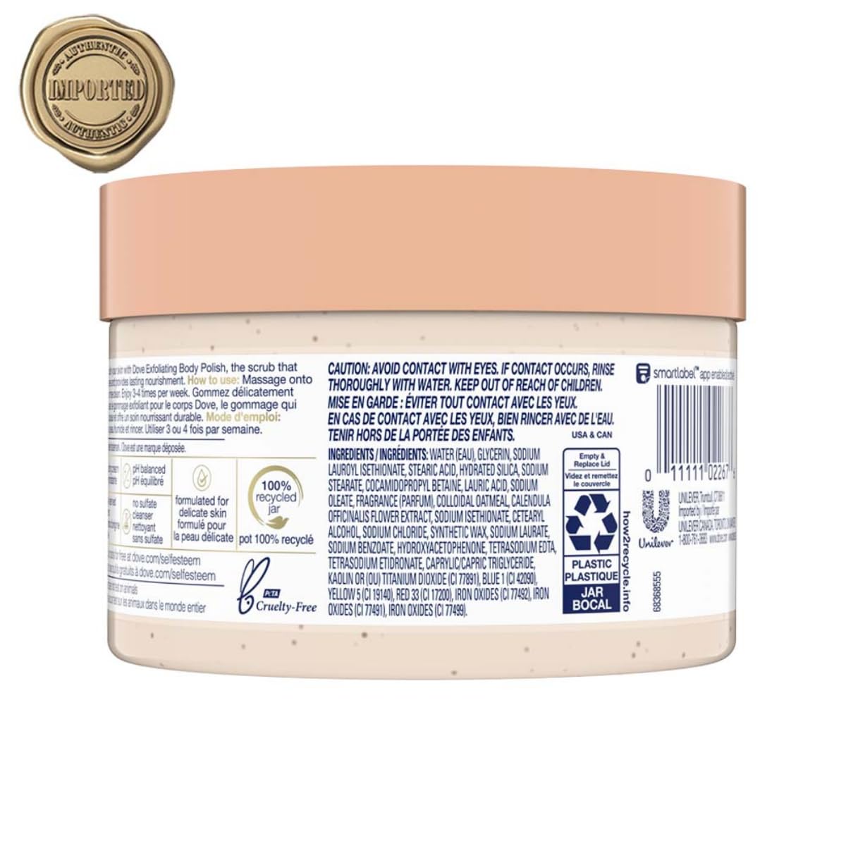 Dove Exfoliante Corporal textura cremosa, facilita la humectación instantánea.