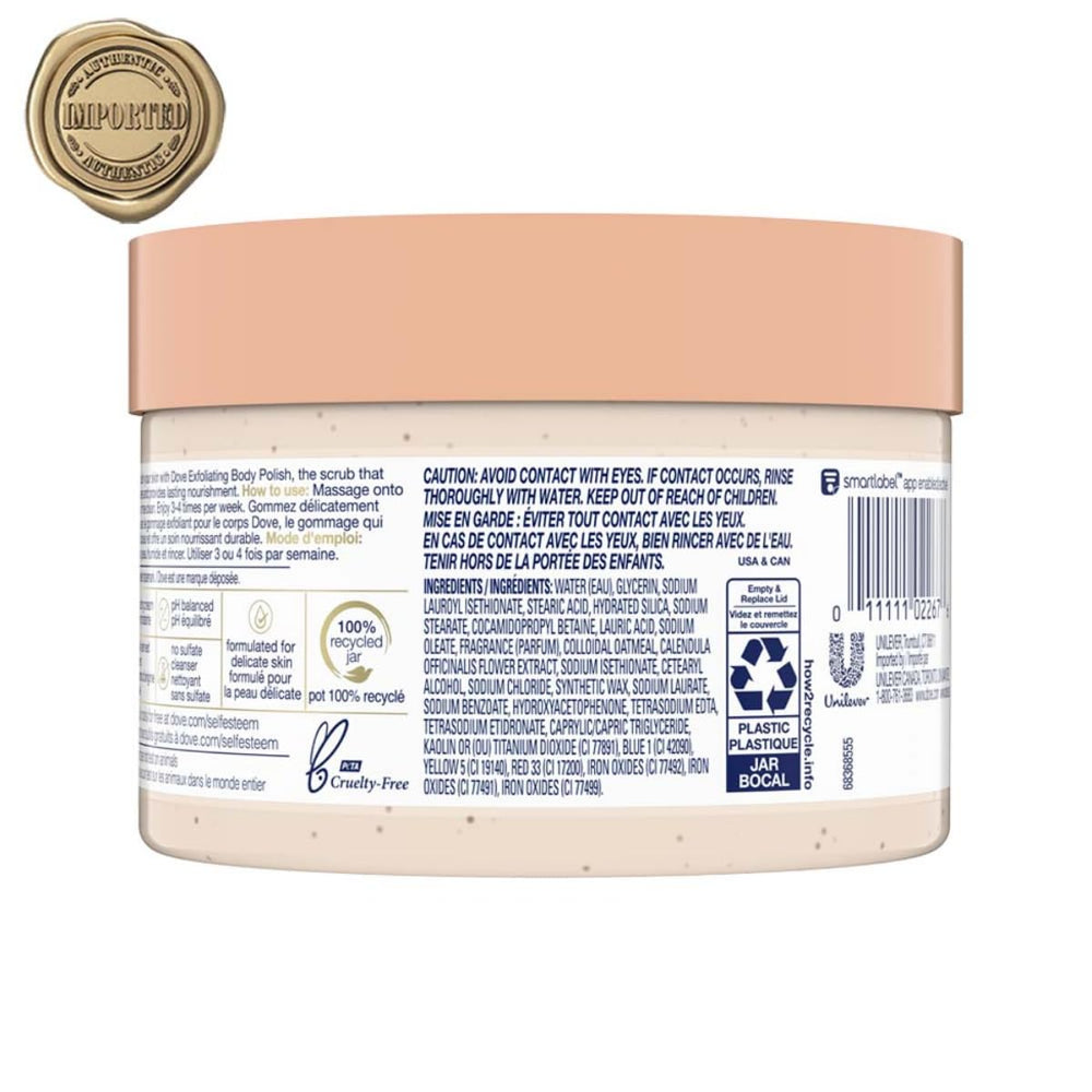 Dove Exfoliante Corporal textura cremosa, facilita la humectación instantánea.
