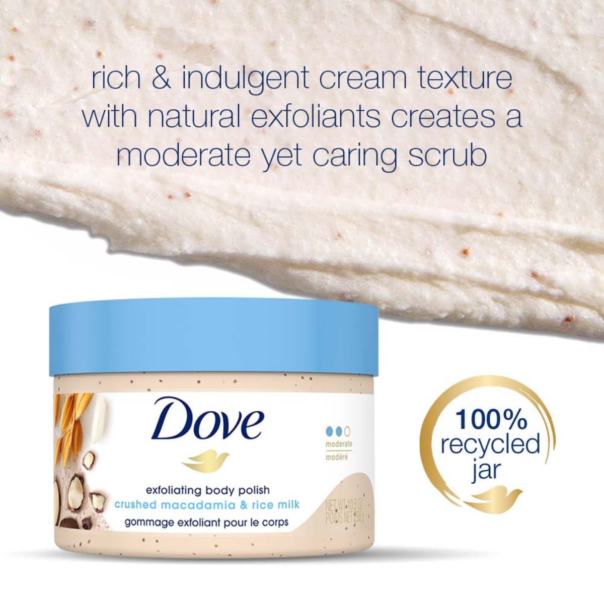 Dove Exfoliante Corporal Macadamia y Leche de Arroz: aroma floral suave para la ducha.