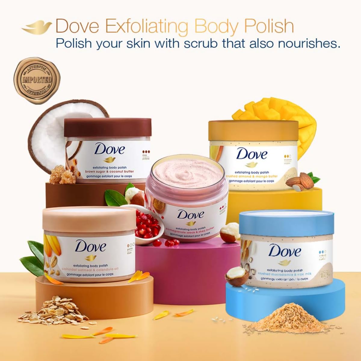 Dove Exfoliante Corporal Macadamia y Leche de Arroz: envase libre de crueldad certificado.