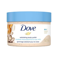 Dove Exfoliante Corporal Macadamia y Leche de Arroz: envase práctico para uso en ducha.