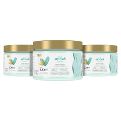 Dove Exfoliate Away Body Polish en botella, lista para exfoliar la piel en la ducha.