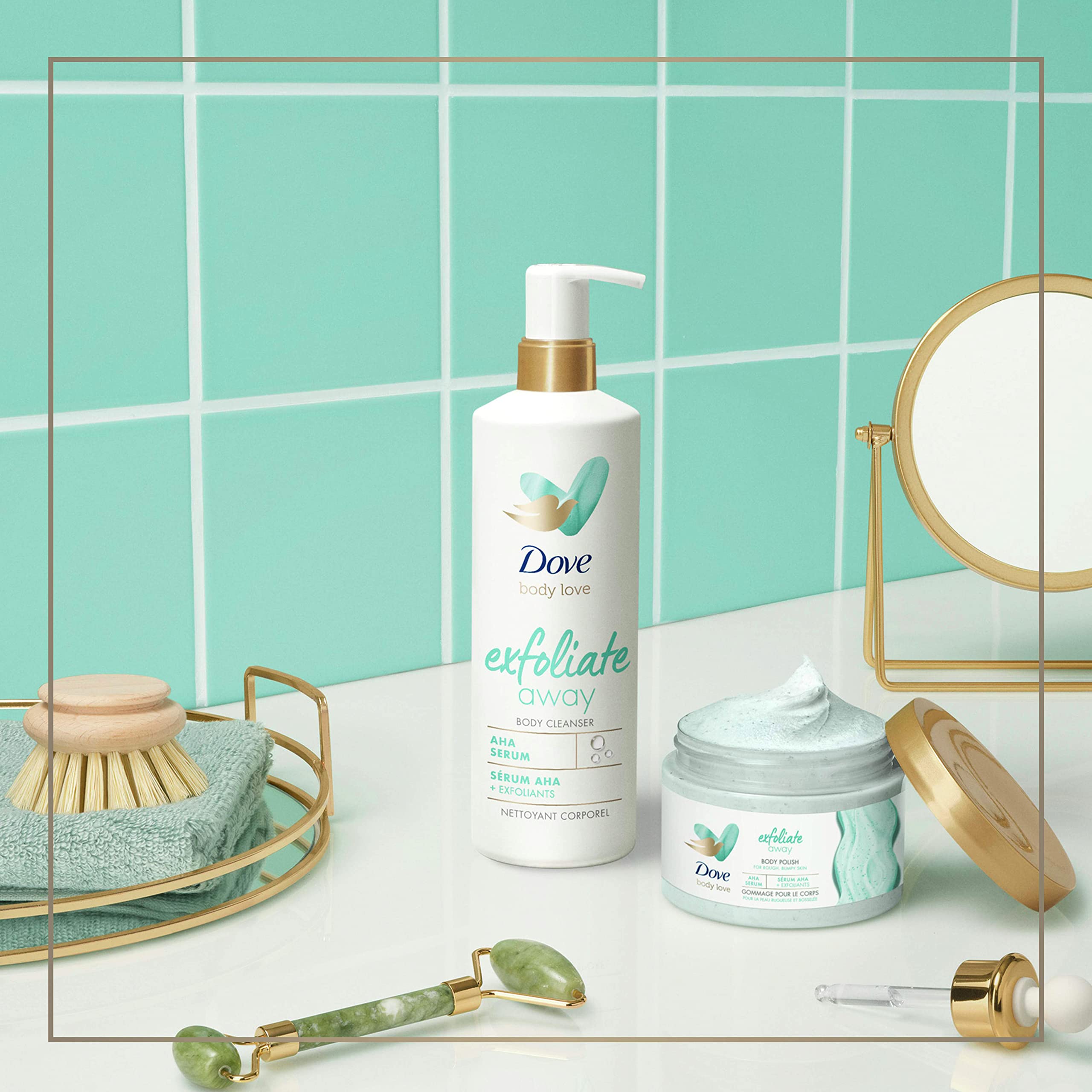 Dove Exfoliate Away Body Polish envase plástico reciclado 100 por ciento.