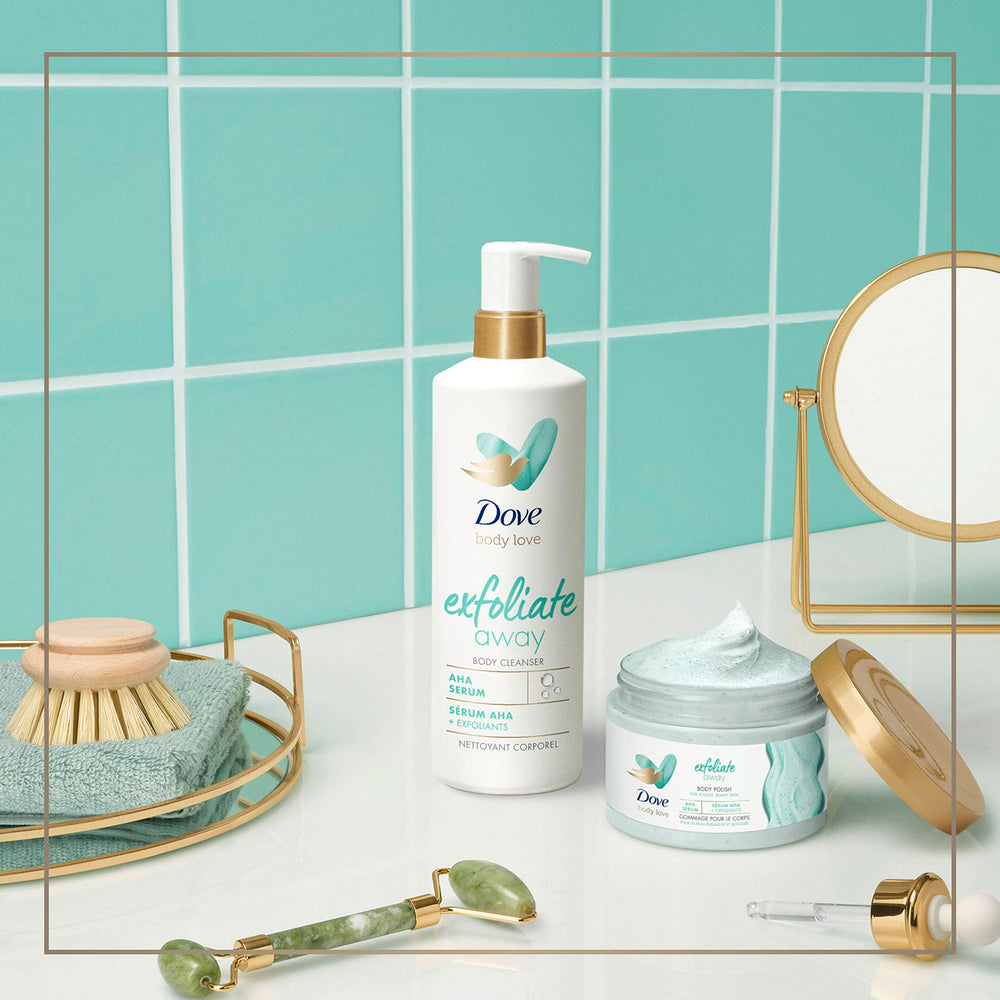 Dove Exfoliate Away Body Polish envase plástico reciclado 100 por ciento.