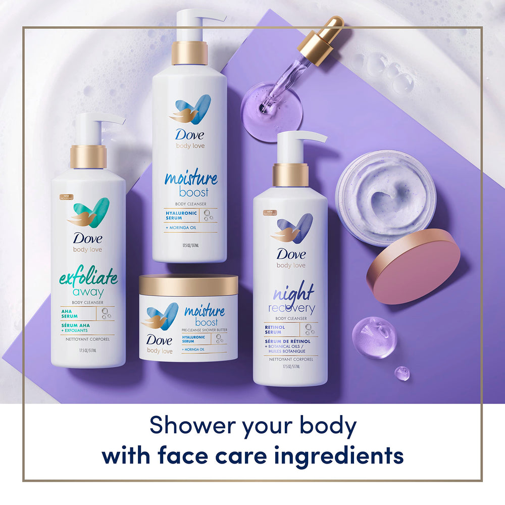 Dove Exfoliate Away Body Polish refina la piel áspera dejando un brillo suave.