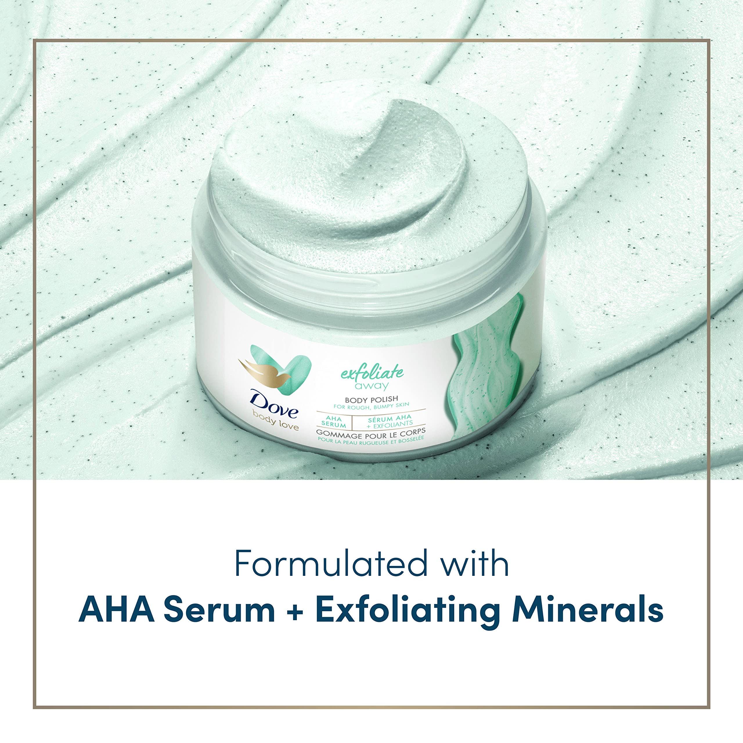 Dove Exfoliate Away Body Polish, textura cremosa que revela piel más suave al tacto.
