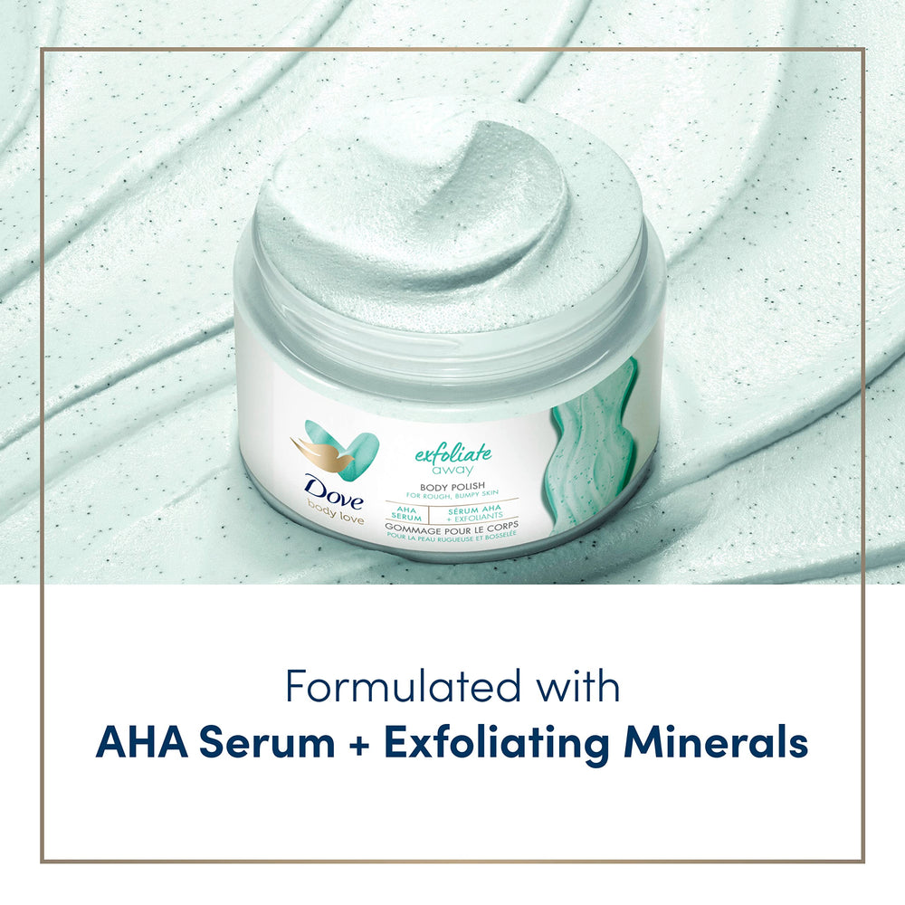 Dove Exfoliate Away Body Polish, textura cremosa que revela piel más suave al tacto.