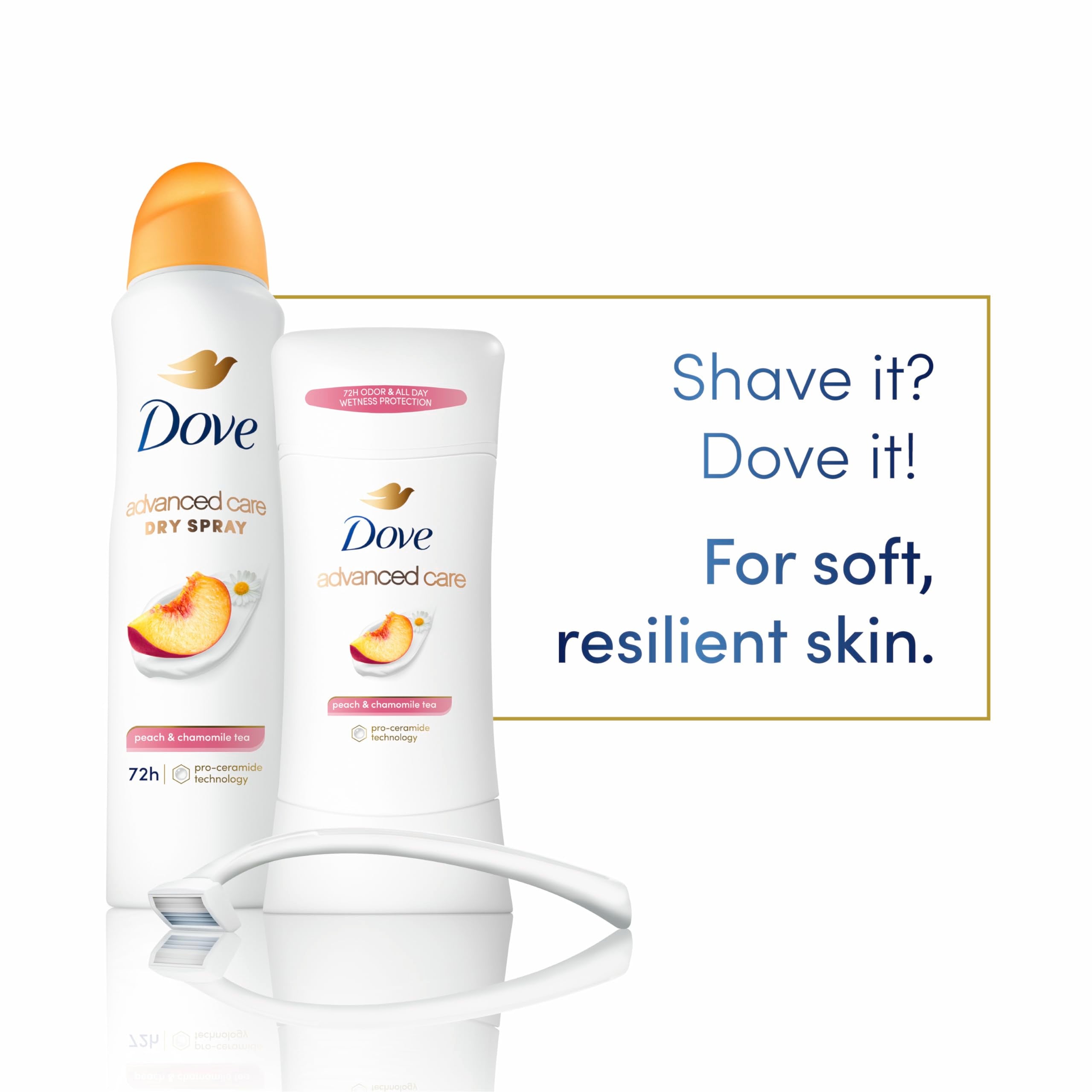 Dove Melocotón y Manzanilla: fragancia suave para una experiencia calmante.