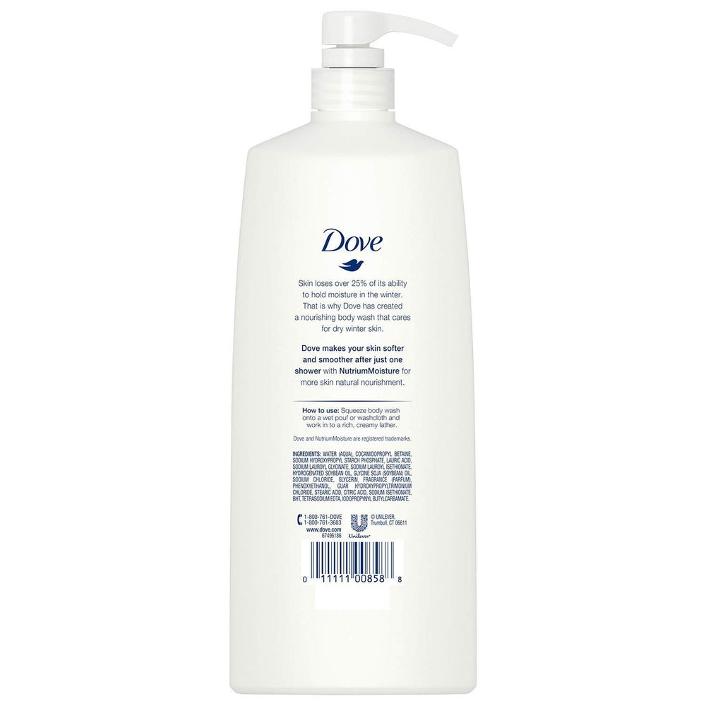 Dove Gel de Ducha Invierno, apertura con bomba, facilita aplicar crema suave para piel hidratada.