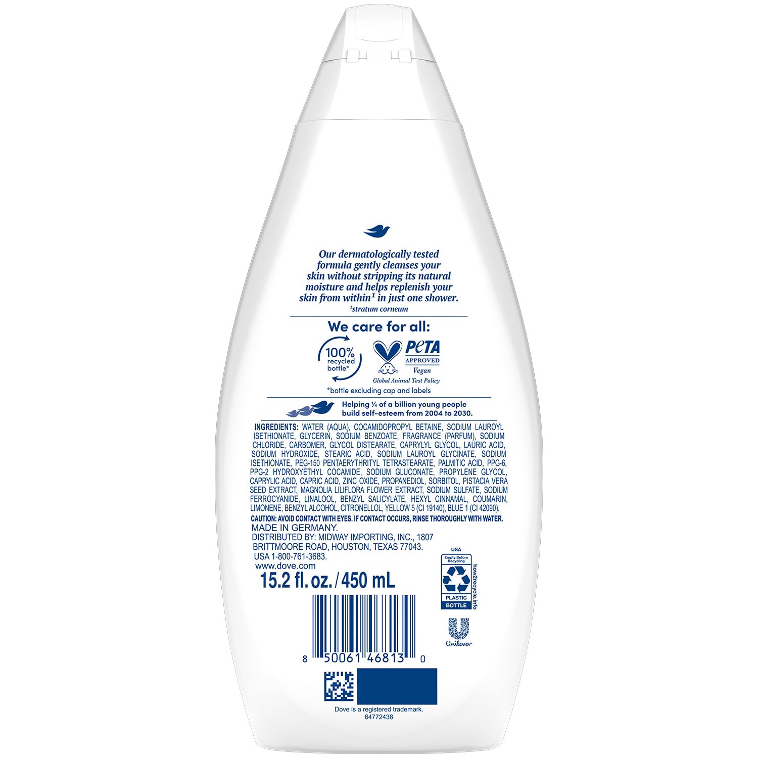 Dove gel ducha espuma cremosa para limpieza suave.