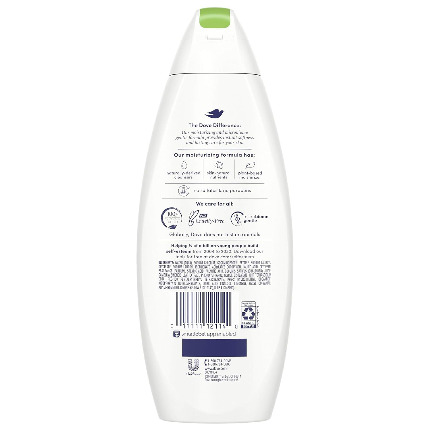 Dove Gel de Ducha Pepino y Té Verde, botella en primer plano, aroma fresco.