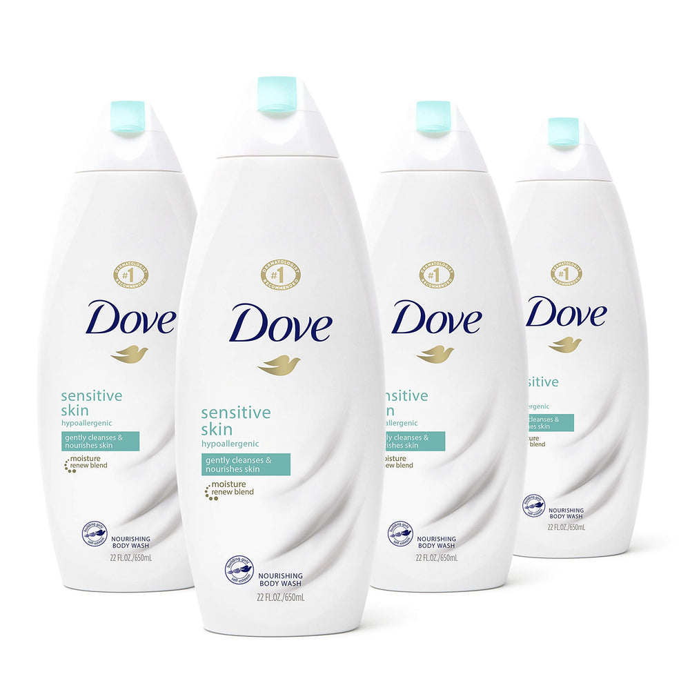 Dove gel de ducha sin sulfatos en botella, limpieza suave para piel sensible.