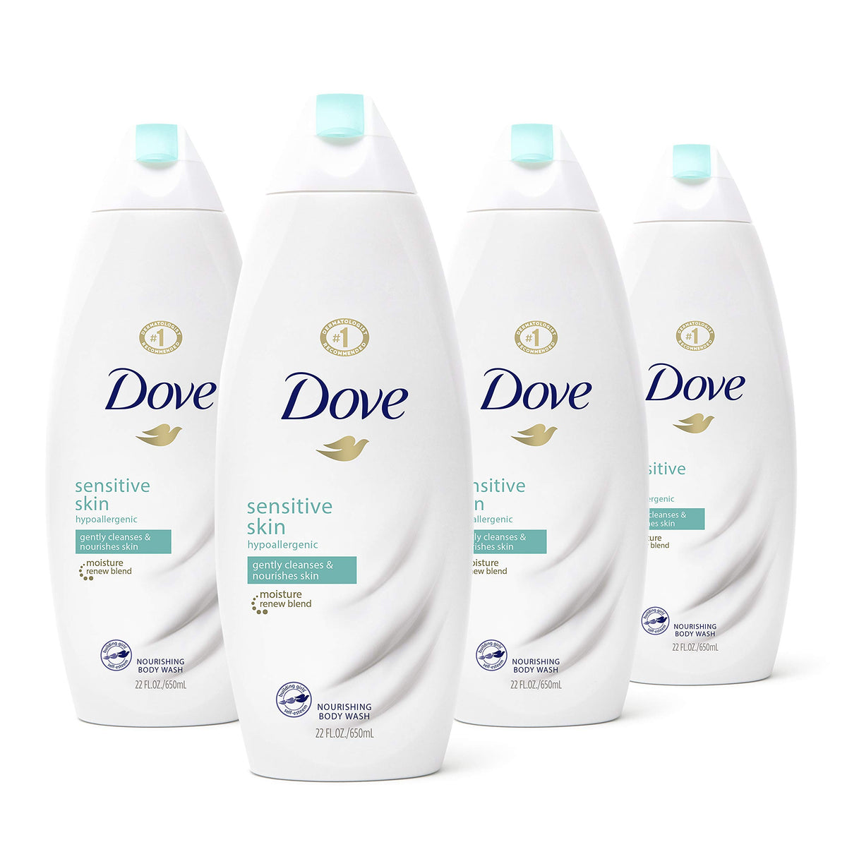 Dove gel de ducha sin sulfatos en botella, limpieza suave para piel sensible.