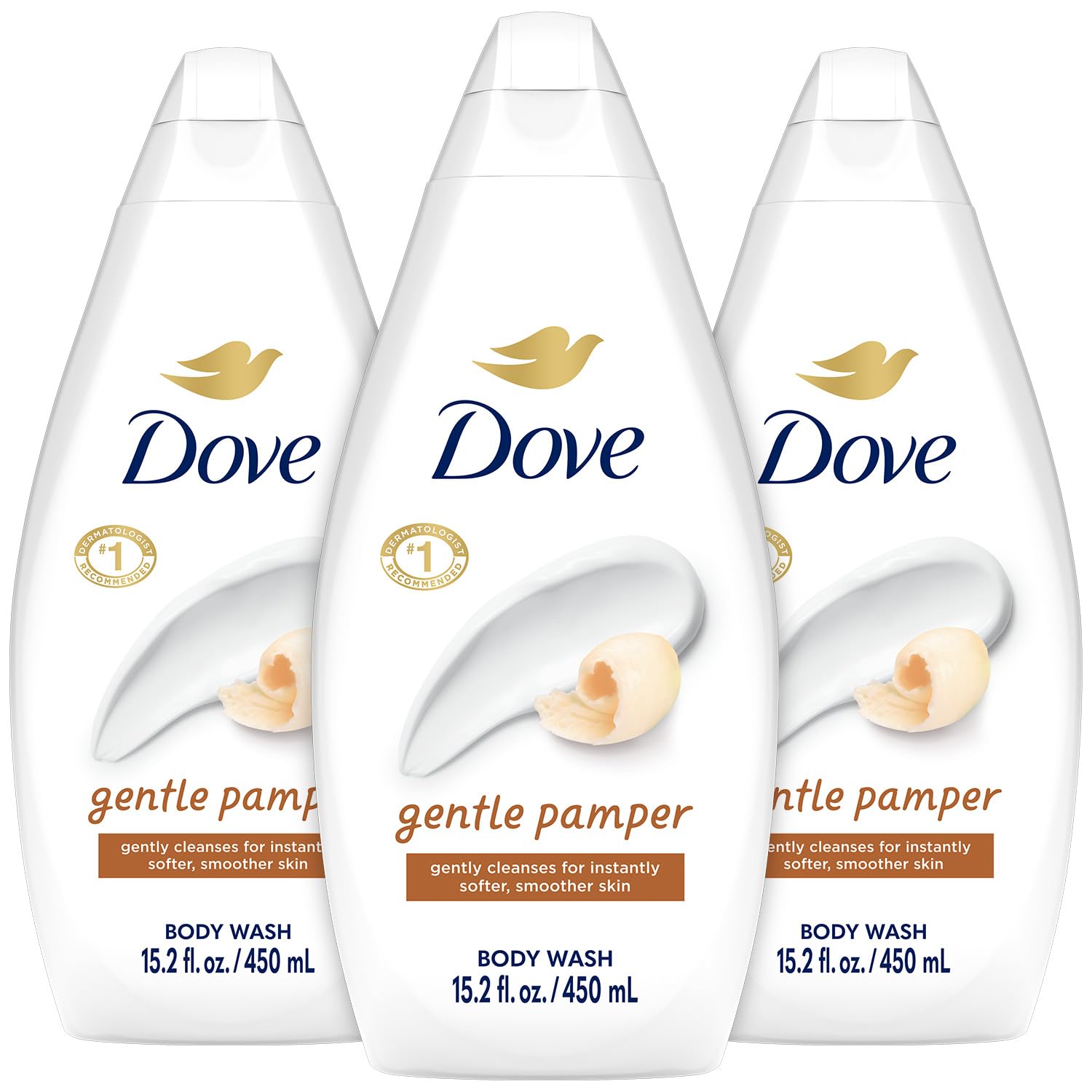 Dove Gentle Pamper, botella derramando, para una ducha suave y refrescante.
