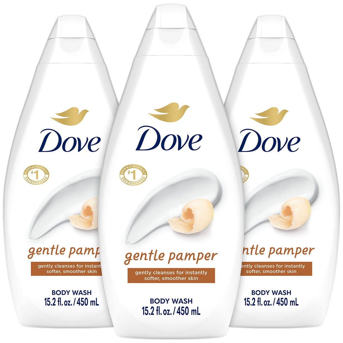 Dove Gentle Pamper, botella derramando, para una ducha suave y refrescante.