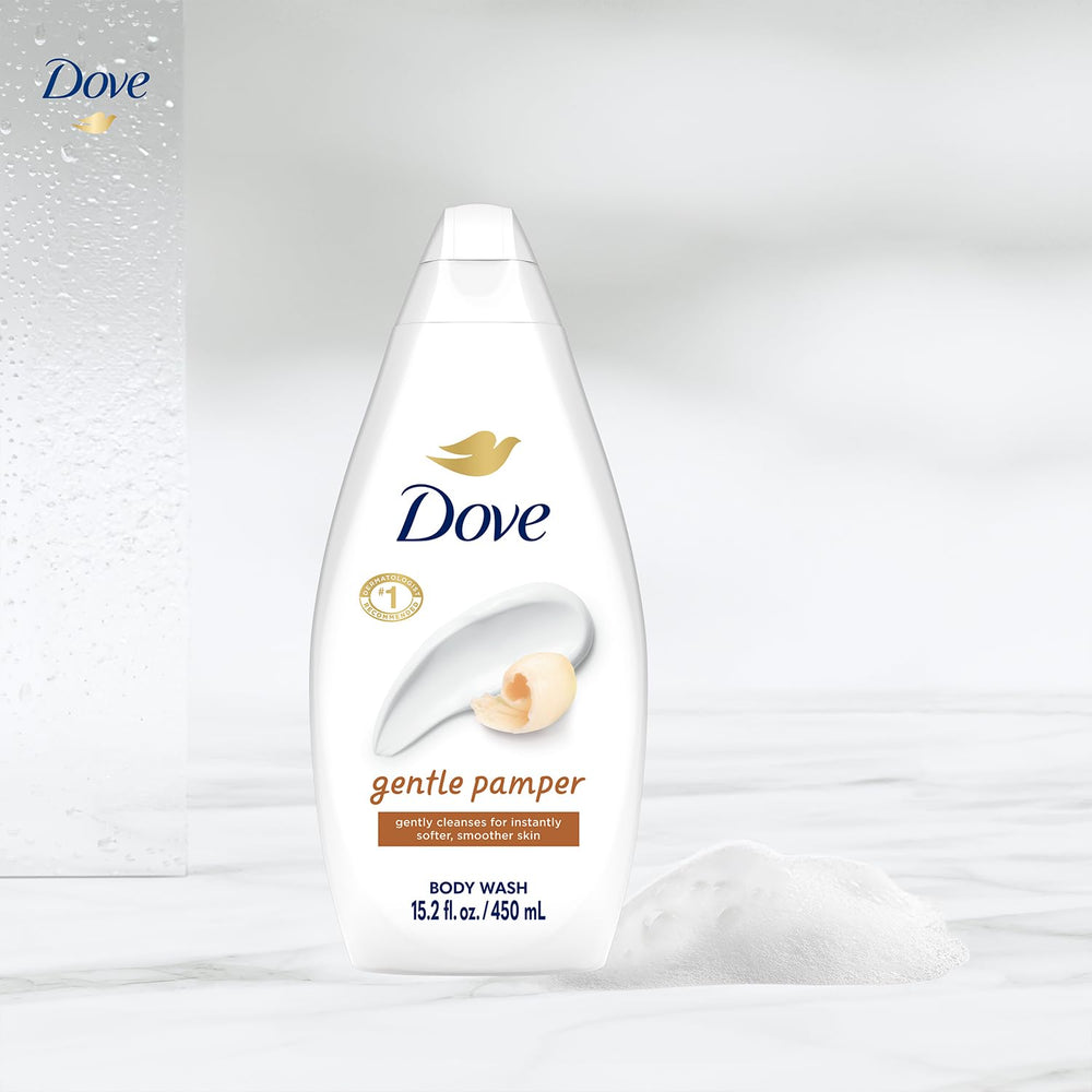 Dove Gentle Pamper envase en detalle, fórmula suave.