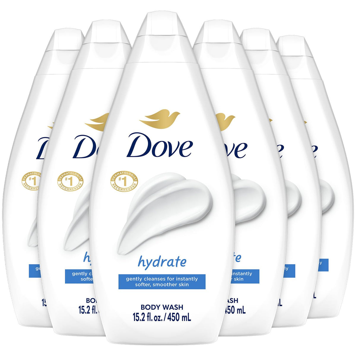 Dove Hidratante Ducha: botella frontal, hidratación suave para piel seca.